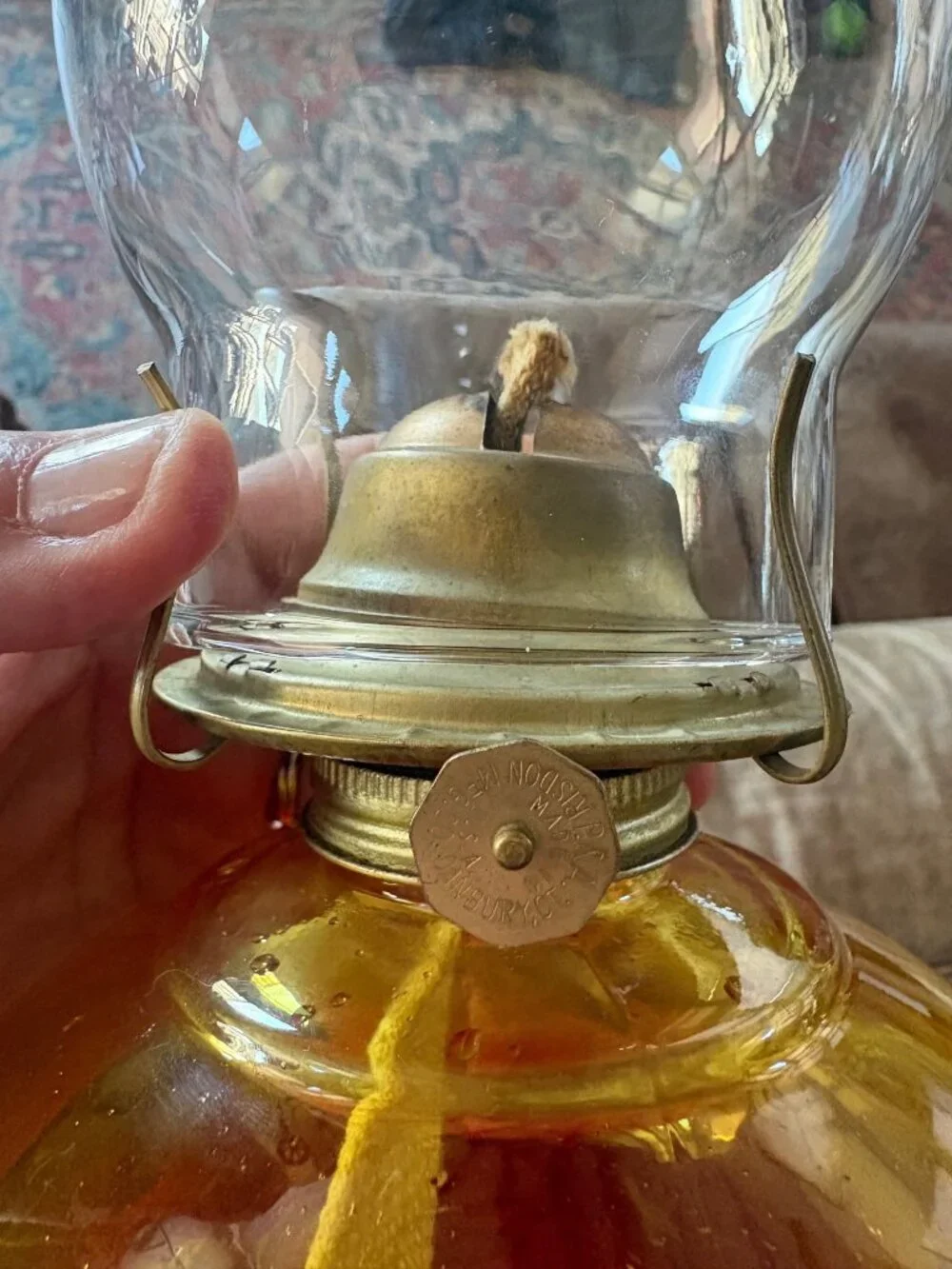 Eagle Risdon Amberina Glass Vintage Oil Lamp w/ Clear Chimney Yellow Red Ombre